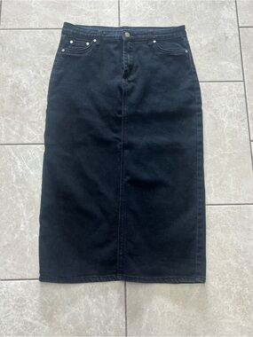 Black High-Rise Denim Midi Pencil Skirt - Women